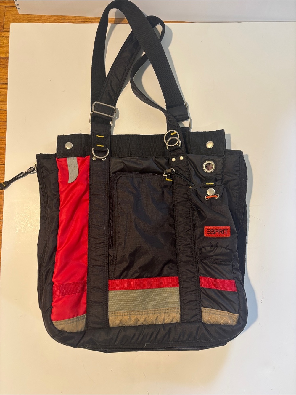 Esprit Black and Red Nylon Tote with Gray Accents
